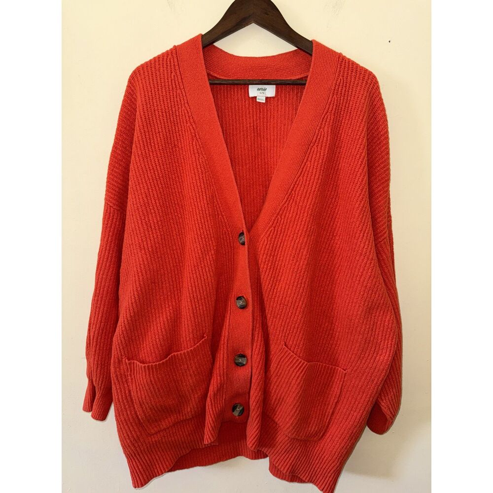 Aerie XL Burnt Orange Ribbed Knit Oversized Button Front Cardigan Sweater